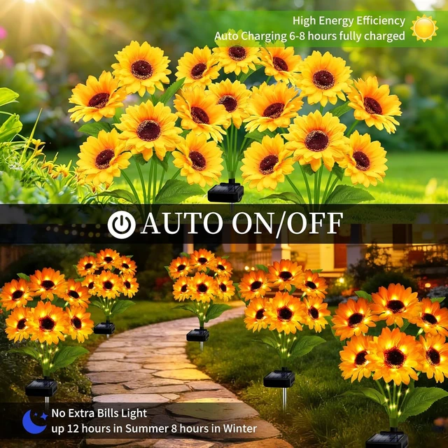 Alt view image 4 of 7 - Solar Garden Lights Outdoor, 4 Pack Solar Sunflower Lights with 24 Head 3.5 Inch Flowers, Waterproof Flowers Light Fall Decor Auto ON/Off for Thanksgiving Garden Yard Patio, Gifts for Mom Women