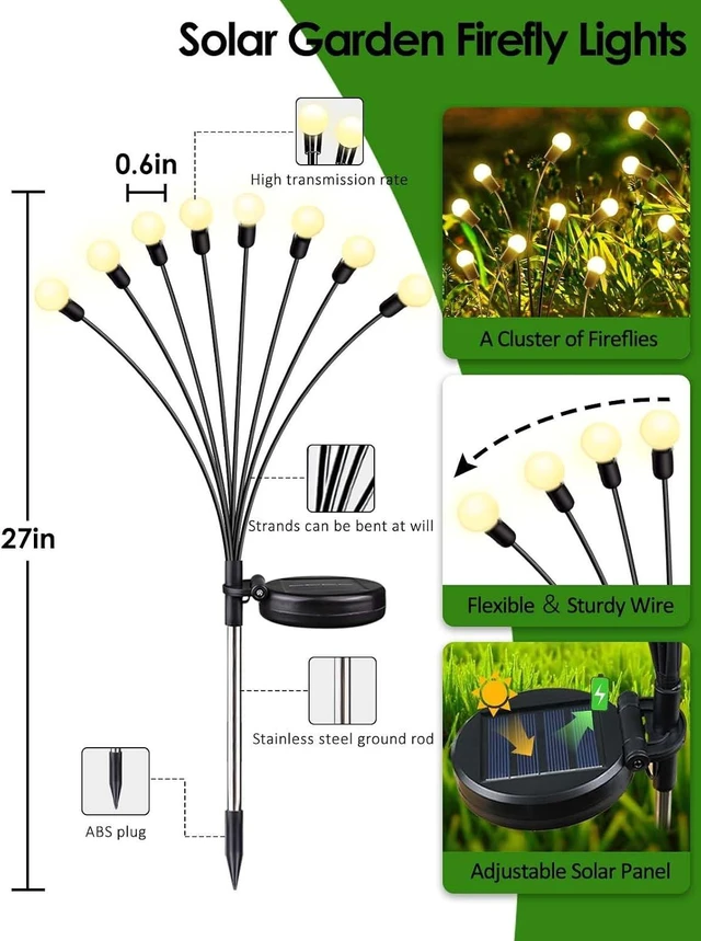 Alt view image 2 of 7 - 8 Pack Solar Garden Lights, 64 LED Firefly Lights Solar Outdoor Waterproof