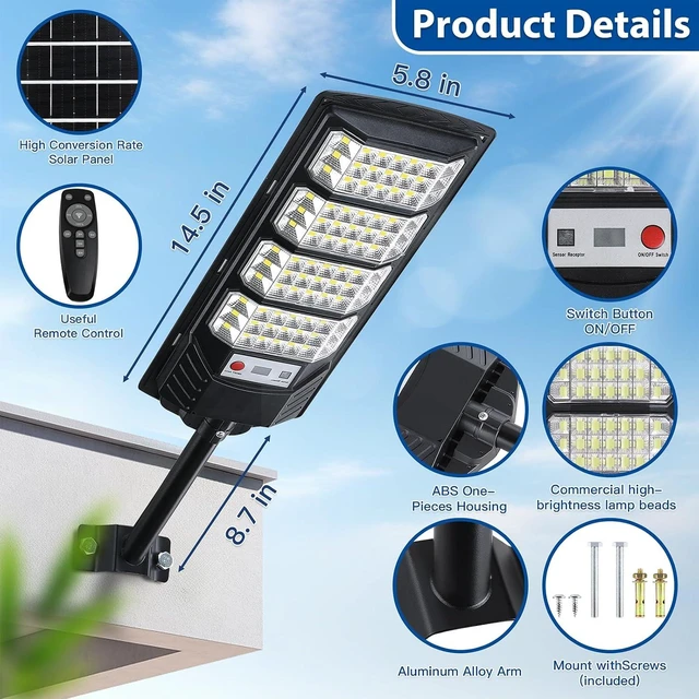 Alt view image 5 of 7 - Yusist 4 Pack Solar Street Lights Outdoor Waterproof, 6500K LED Motion Sensor Lights, Dusk to Dawn Solar Flood Lights with Remote,Parking Lot Light,Commercial Area Lighting for Outside