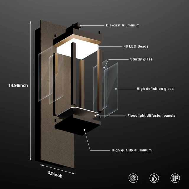 Alt view image 4 of 7 - Modern Motion Sensor Outdoor Wall Light Sconce with Glass, 850LM LED, IP65 Waterproof Aluminum Lantern - Anti-Rust Exterior Lighting for Porch, Garage, Front Door, Patio,Black