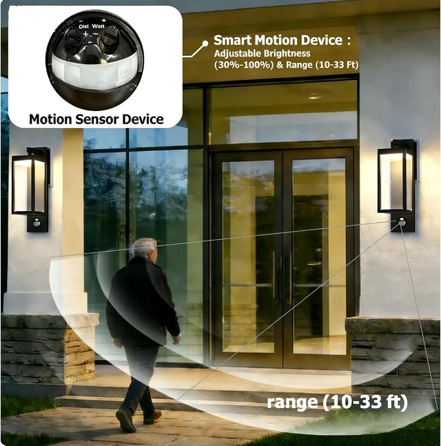 Alt view image 5 of 7 - Modern Motion Sensor Outdoor Wall Light Sconce with Glass, 850LM LED, IP65 Waterproof Aluminum Lantern - Anti-Rust Exterior Lighting for Porch, Garage, Front Door, Patio,Black