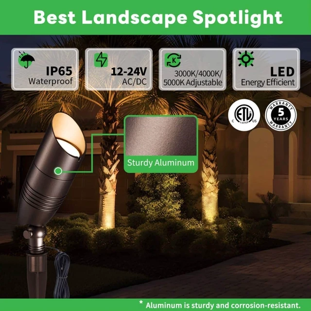 Alt view image 2 of 7 - LED Spotlight, 3000K/4000K/5000K Adjustable Color Temperature Waterproof Outdoor Landscape Uplight, 12V AC/DC Wired Durable Aluminum ORB for Tree Garden Wall 4 Pack
