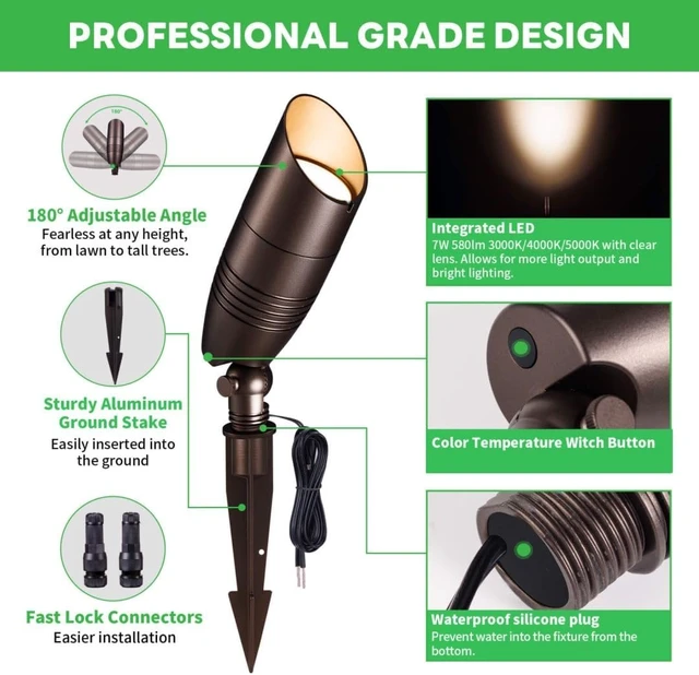 Alt view image 7 of 7 - LED Spotlight, 3000K/4000K/5000K Adjustable Color Temperature Waterproof Outdoor Landscape Uplight, 12V AC/DC Wired Durable Aluminum ORB for Tree Garden Wall 4 Pack