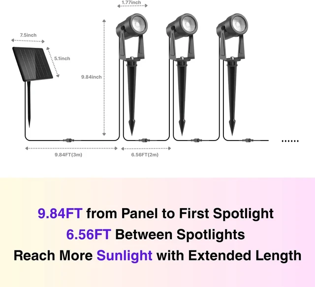 Alt view image 2 of 7 - ZYAN Solar Landscape Spotlights, Long Cable (9.8+7×6.5ft), Remote Control, Timer, Dimmable, Flashing, Auto On Off, 6000mAh Separate Panel & USB-C Powered, IP65 Waterproof, 3000K Warm White, 6 Pack
