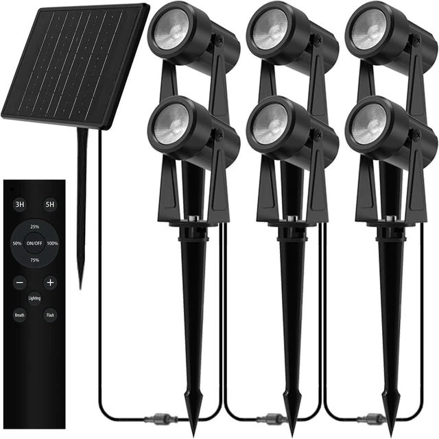 Main image of ZYAN Solar Landscape Spotlights, Long Cable (9.8+7×6.5ft), Remote Control, Timer, Dimmable, Flashing, Auto On Off, 6000mAh Separate Panel & USB-C Powered, IP65 Waterproof, 3000K Warm White, 6 Pack