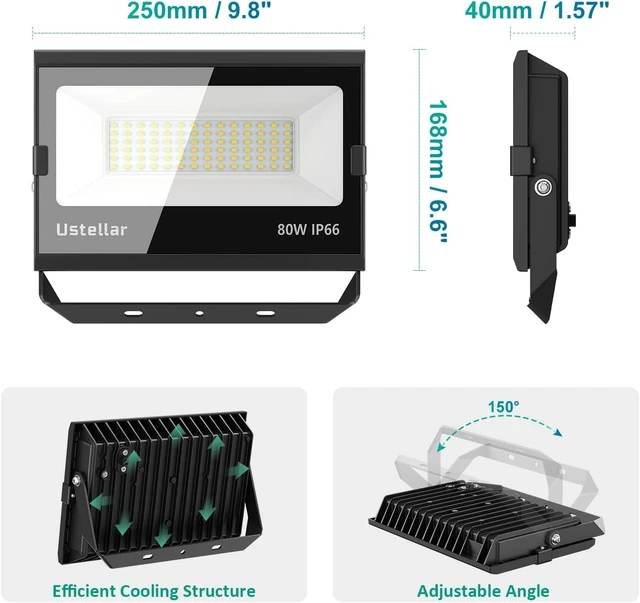 Alt view image 5 of 6 - 80W LED Flood Lights Outdoor Hardwired Security Light IP66 Waterproof 5000K