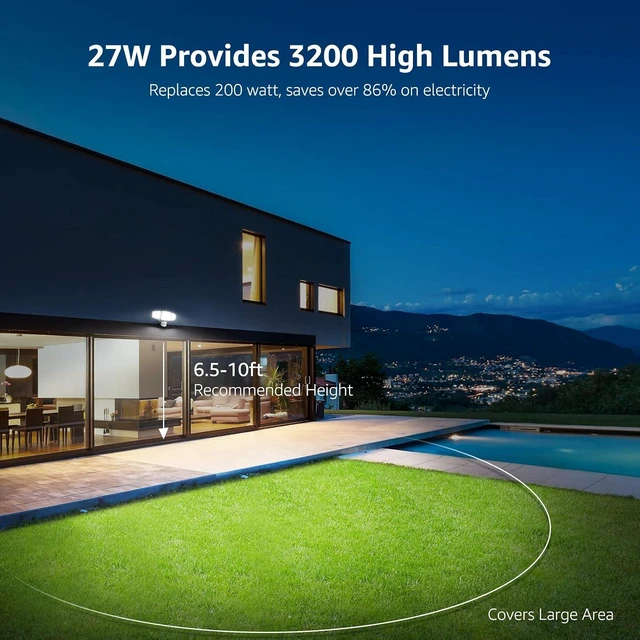 Alt view image 2 of 7 - Lepro LED Security Lights, Outdoor Motion Sensor Light, Flood Lights with 3 Adjustable Heads, 270° Wide Lighting Angle, 27W 3200LM Super Bright, IP65 Waterproof for Yard Porch Garage, White