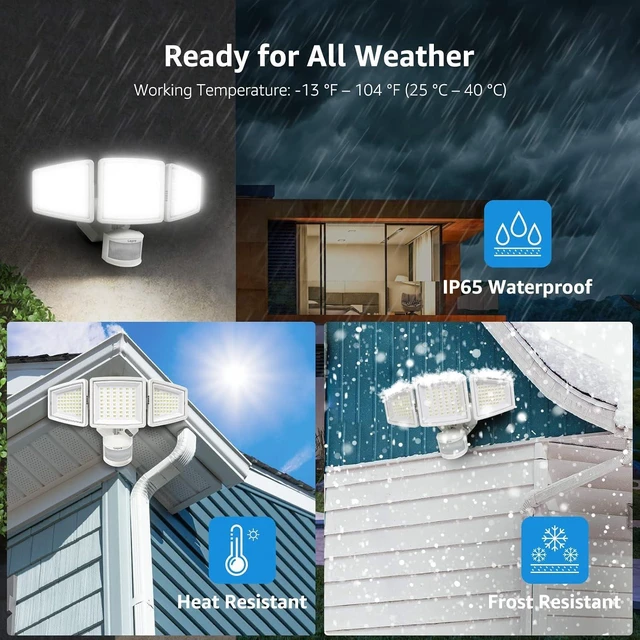 Alt view image 5 of 7 - Lepro LED Security Lights, Outdoor Motion Sensor Light, Flood Lights with 3 Adjustable Heads, 270° Wide Lighting Angle, 27W 3200LM Super Bright, IP65 Waterproof for Yard Porch Garage, White