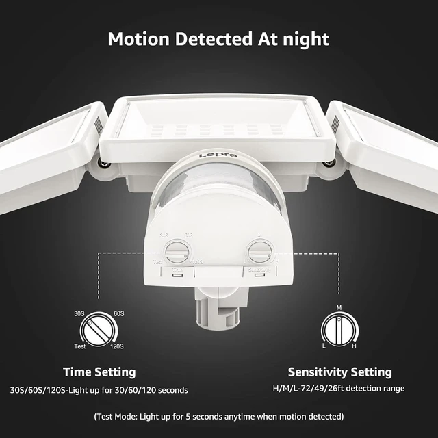 Alt view image 6 of 7 - Lepro LED Security Lights, Outdoor Motion Sensor Light, Flood Lights with 3 Adjustable Heads, 270° Wide Lighting Angle, 27W 3200LM Super Bright, IP65 Waterproof for Yard Porch Garage, White
