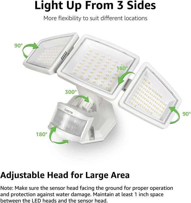 Alt view image 7 of 7 - Lepro LED Security Lights, Outdoor Motion Sensor Light, Flood Lights with 3 Adjustable Heads, 270° Wide Lighting Angle, 27W 3200LM Super Bright, IP65 Waterproof for Yard Porch Garage, White