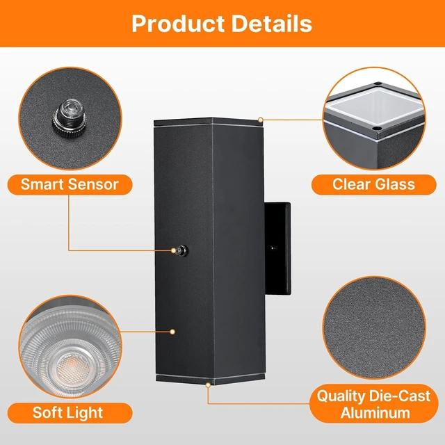 Alt view image 5 of 7 - Outdoor Wall Lights 2 Packs,Modern Square Dusk to Dawn Outdoor Porch Light,Integrated LED Cylinder Up Down Lights Aluminum Waterproof Wall Lighting Exterior Light for Porch Patio Garage
