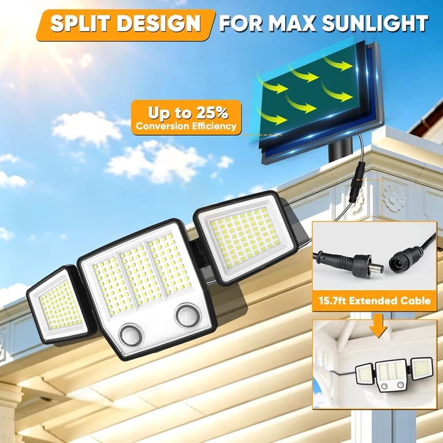 Alt view image 2 of 7 - MDCMDCM Split Solar Lights Outdoor Waterproof with Dual Motion Sensors - 15.7ft Cable 3000LM Solar Security Light for Garden Patio Pathway Fence, IP65 Waterproof Solar Flood Lights for Outside