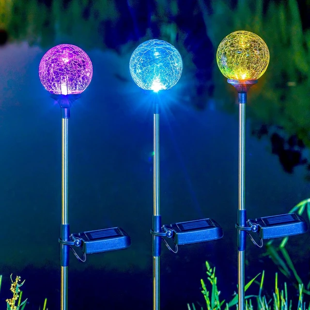 Alt view image 4 of 7 - SOLPEX Solar Garden Lights 3 Pack, Solar Lights Outdoor Decorative, Solar Globe Lights Outdoor Waterproof for Yard and Garden, Multi-Color Changing Cracked Glass Ball LED Lights