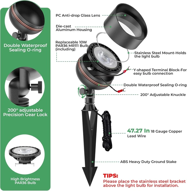 Alt view image 4 of 4 - Gardencoin PAR36 Low Voltage Landscape Flood Light, 12V LED Landscape Spotlights, High Lumens Wide Angle, Aluminum Uplighting with 10.5W PAR36 LED Bulb, Outdoor Spot Lights for House, 4 Pack