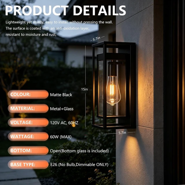 Alt view image 2 of 7 - 15 Inch Outdoor Wall Light Fixtures Anti-Rust Porch Lights Outdoor Waterproof Exterior Porch Light Exterior Lighting Fixtures Front Door Wall Lantern for House