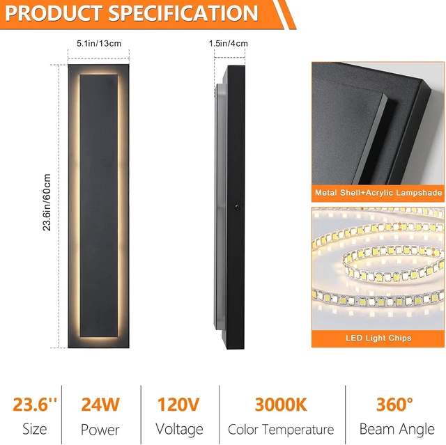 Alt view image 5 of 7 - tewei 23.6'' Modern Exterior Light Fixture, LED Outdoor Wall Lights Black