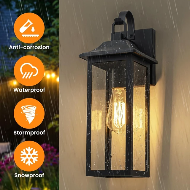 Alt view image 2 of 6 - 17-Inch Matte Black Outdoor Wall Lantern with Clear Seeded Glass