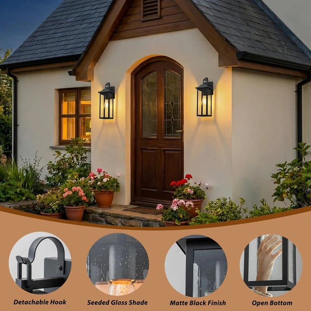 Alt view image 3 of 6 - 17-Inch Matte Black Outdoor Wall Lantern with Clear Seeded Glass