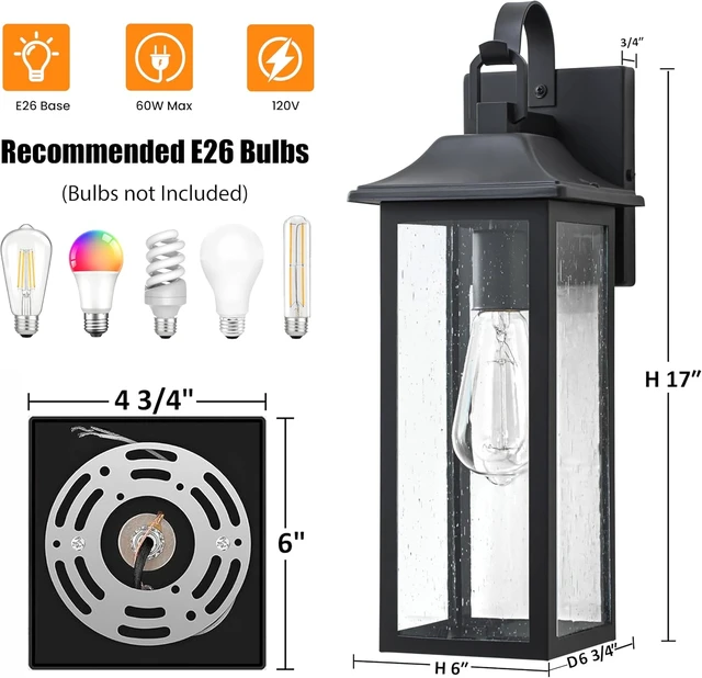Alt view image 5 of 6 - 17-Inch Matte Black Outdoor Wall Lantern with Clear Seeded Glass
