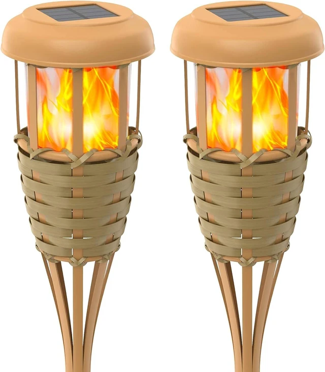 Main image of Flickering Flames Solar Powered Lights - Upgraded Solar Torches Waterproof Outdoor Decorative Lighting Auto On/Off, Handmade Bamboo Finish, 2-Pack
