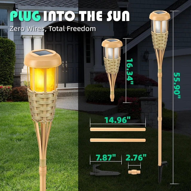 Alt view image 5 of 7 - Flickering Flames Solar Powered Lights - Upgraded Solar Torches Waterproof Outdoor Decorative Lighting Auto On/Off, Handmade Bamboo Finish, 2-Pack