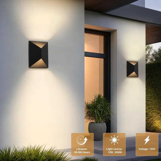 Alt view image 2 of 7 - Fire Wolf LED Aluminum Porch Sconce Lights - Modern Exterior Wall Sconce, Up and Down Light Waterproof, 12W, 3000K, Black for Garage Enterway
