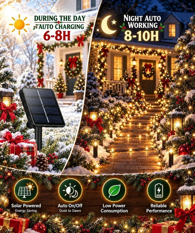 Alt view image 4 of 7 - OZS 2 Pack 240 LED Solar String Lights Outdoor Waterproof, Warm White