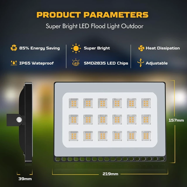 Alt view image 6 of 7 - Viugreum 100W LED Flood Light Outdoor, 3000K Warm White 8000LM Super Bright Outdoor Security Light, IP67 Waterproof for Garage, Warehouse, Garden & Yard