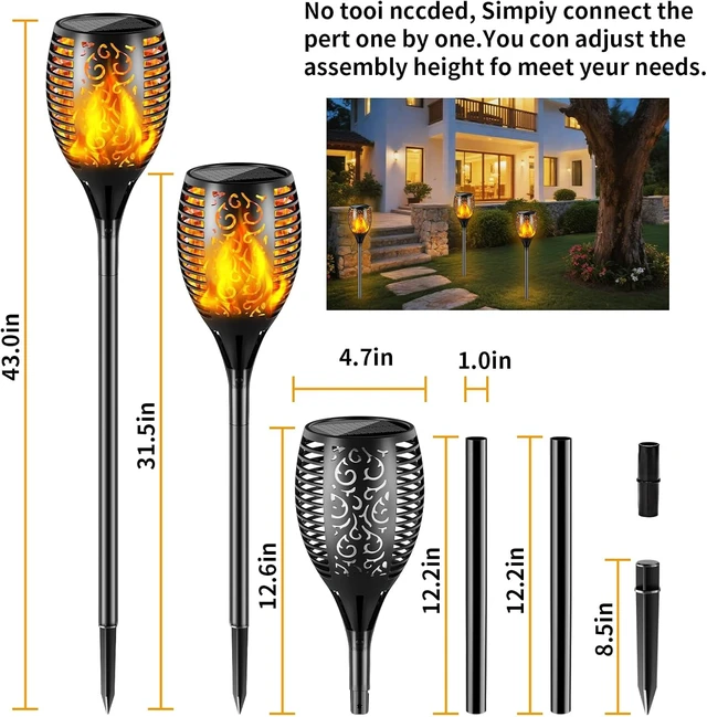 Alt view image 4 of 7 - Solar Lights Outdoor 99 LED Higher & Larger Flickering Flame Solar Torch Lights 43" Waterproof Outdoor Lighting Solar Powered Pathway Lights Christmas Decorations for Garden Patio Yard, 2Pack