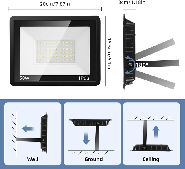 Alt view image 7 of 7 - 50W Flood Lights Outdoor,8000LM Bright LED Work Light,IP66 Waterproof Outdoor Lights with Switch and 6.5FT Plug,6500K Daylight White Outside Lights for YardGarage,Garden,Stadium(2 Pack)