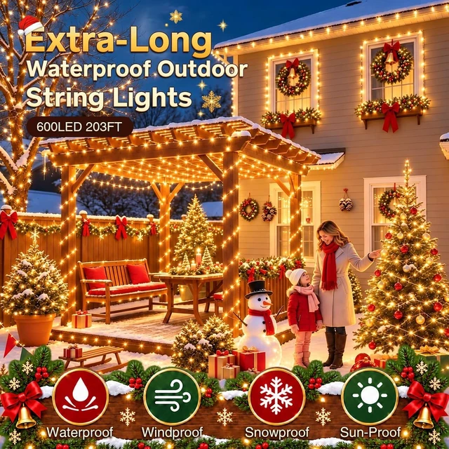 Alt view image 2 of 7 - KNONEW 203FT 600LED Outdoor Fairy Lights Plug in Warm White Christmas Decor