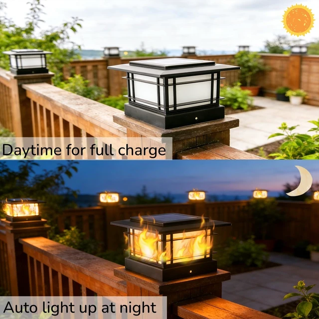 Alt view image 2 of 7 - Dynaming 4x4 Solar Post Cap Lights Outdoor with Flickering Flame Light, 8 Pack Black Shell Fence Post Solar Lights Fit 4x4 Vinyl/Wooden Posts, Brightness LED Lighting Decor for Garden Deck Patio