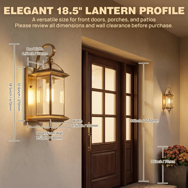 Alt view image 6 of 7 - Solid Copper Outdoor Wall Light, 18.5" Satin Brass Porch Lantern with Beveled Clear Glass, Weather-Resistant Exterior Wall Sconce for Front Door, Garage, Patio, E26 Base, 1 Pack