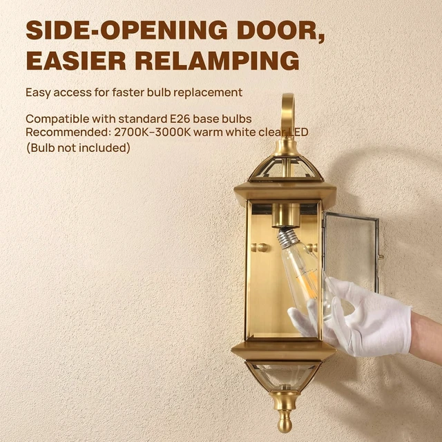 Alt view image 7 of 7 - Solid Copper Outdoor Wall Light, 18.5" Satin Brass Porch Lantern with Beveled Clear Glass, Weather-Resistant Exterior Wall Sconce for Front Door, Garage, Patio, E26 Base, 1 Pack