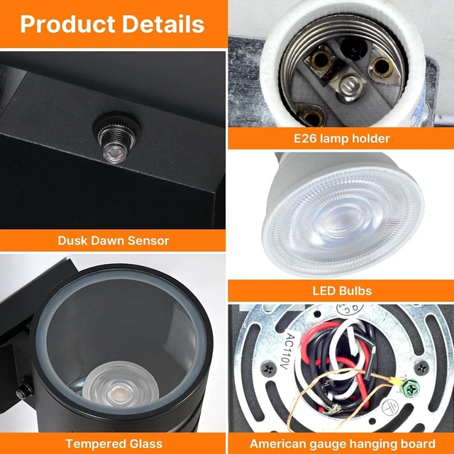 Alt view image 6 of 7 - Dusk to Dawn Wall Light 2 Pack, Modern Outdoor Wall Lights with LED Bulbs, Cylinder Black Porch Light Fixture Wall Mount, Up and Down Lighting Outdoor Wall Sconce for House Porch Door