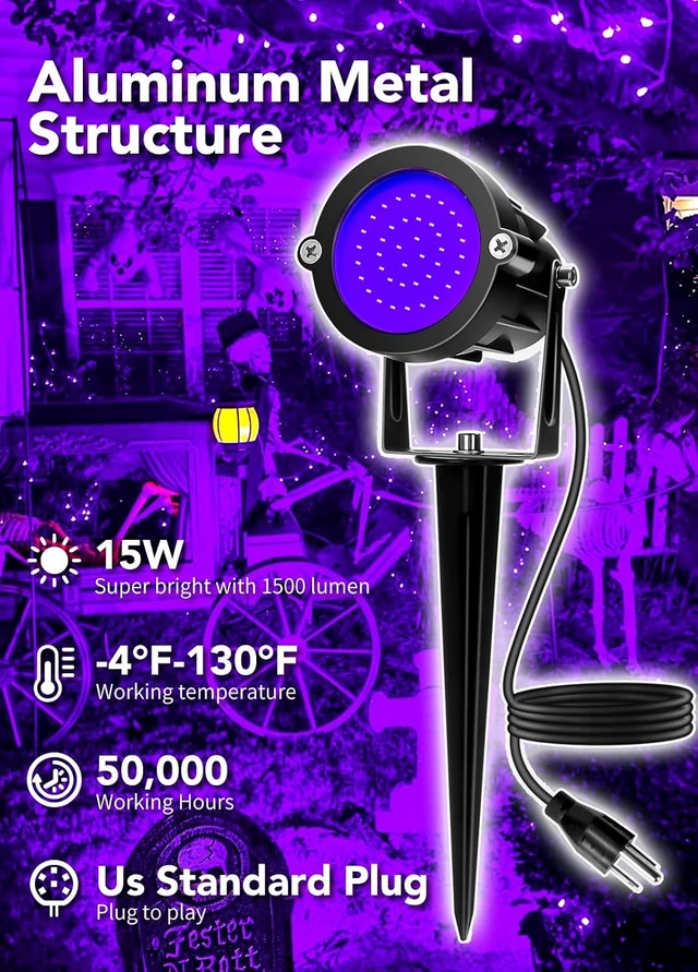 Alt view image 4 of 7 - Elenora Halloween Spotlights Outdoor, 15W LED Black Light/Blacklight for Glow Party Body Paint Fluorescent Poster, 110V Plug-in Spot Light IP65 Waterproof Landscape Lighting for Yard Garden, 2 Pack