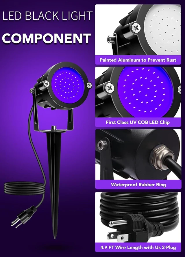 Alt view image 7 of 7 - Elenora Halloween Spotlights Outdoor, 15W LED Black Light/Blacklight for Glow Party Body Paint Fluorescent Poster, 110V Plug-in Spot Light IP65 Waterproof Landscape Lighting for Yard Garden, 2 Pack