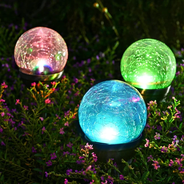 Alt view image 4 of 7 - GIGALUMI Solar Outdoor, Cracked Glass Ball Solar Garden Lights, Color Changing Lights Outdoor,Garden LED for Path, Patio, Yard, 3 Pack Pathway