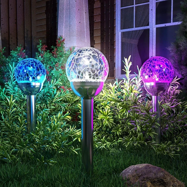 Alt view image 6 of 7 - GIGALUMI Solar Outdoor, Cracked Glass Ball Solar Garden Lights, Color Changing Lights Outdoor,Garden LED for Path, Patio, Yard, 3 Pack Pathway
