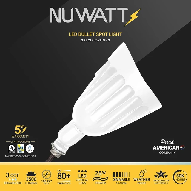 Alt view image 2 of 7 - NUWATT 25W White LED Bullet Spot Light for Outdoor Landscapes, 3CCT 30K-50K