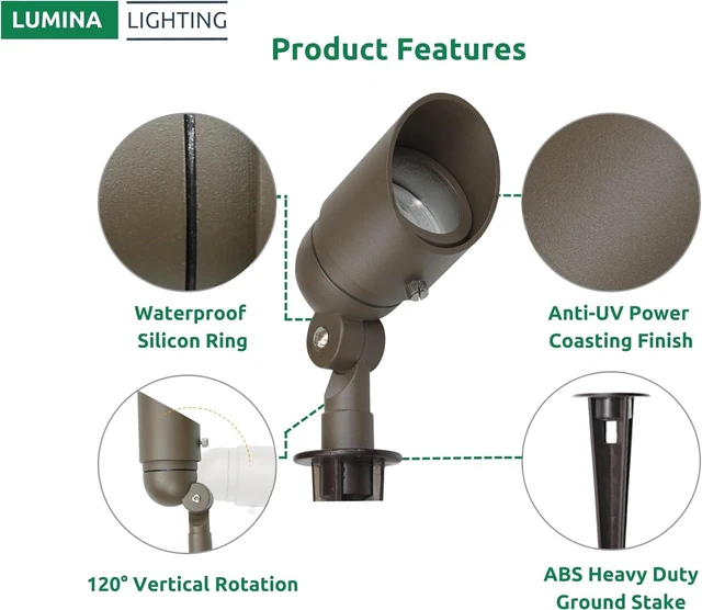 Alt view image 4 of 7 - Lumina Lighting® 4W Landscape Lighting 12V Landscape Lights Low Voltage Landscape Spotlights Warm White Waterproof Outdoor Replaceable LED Bulb for Garden, Lawn, Porch, Patio and Yard (Bronze, 2-Pack)