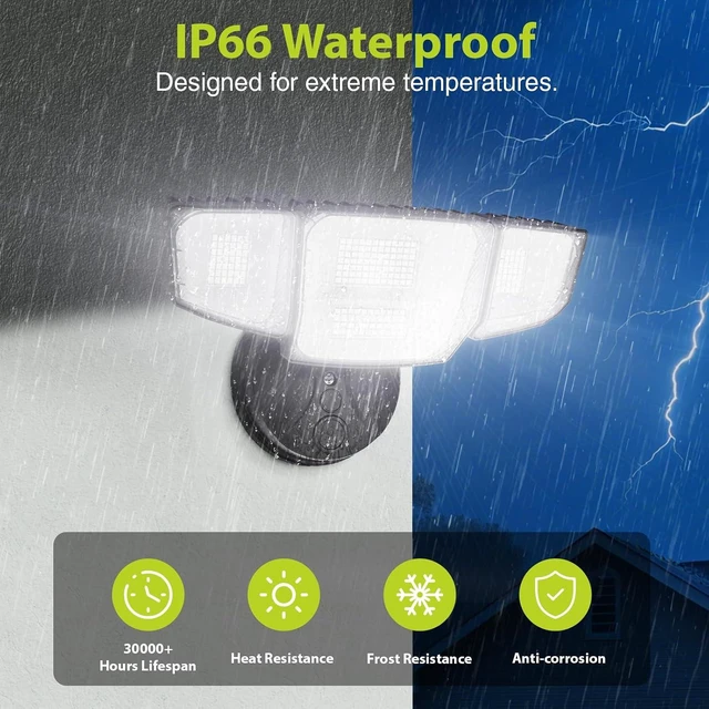 Alt view image 6 of 7 - Abovizo 90W LED Flood Lights Outdoor, 10,000LM Security Lights with 4 Adjustable Heads, 6500K Daylight, IP65 Waterproof Exterior Wall Mount Light for Garage, Yard, Porch, Switch Controlled