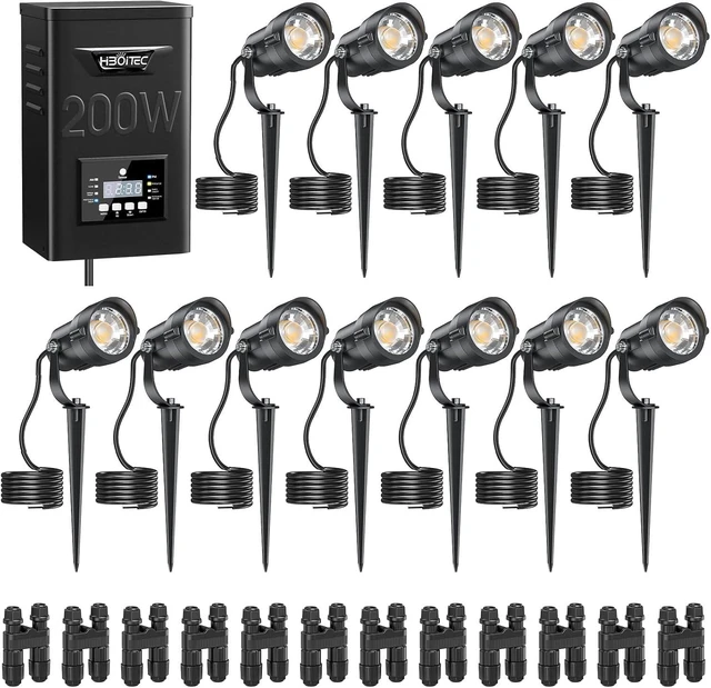 Main image of HIBOITEC 12W Landscape Lighting Kit with 200W Low Voltage Transformer, Dusk to Dawn & Timer, 2900K Wired Waterproof LED Outdoor Spotlights for Yard Garden Tree House, Wire Sold Separately, 12 Packs