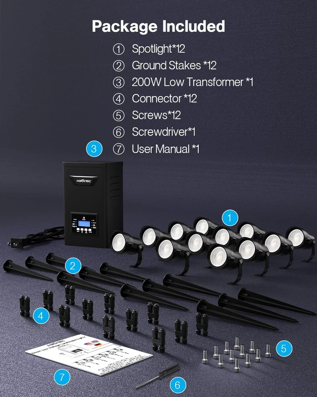 Alt view image 7 of 7 - HIBOITEC 12W Landscape Lighting Kit with 200W Low Voltage Transformer, Dusk to Dawn & Timer, 2900K Wired Waterproof LED Outdoor Spotlights for Yard Garden Tree House, Wire Sold Separately, 12 Packs