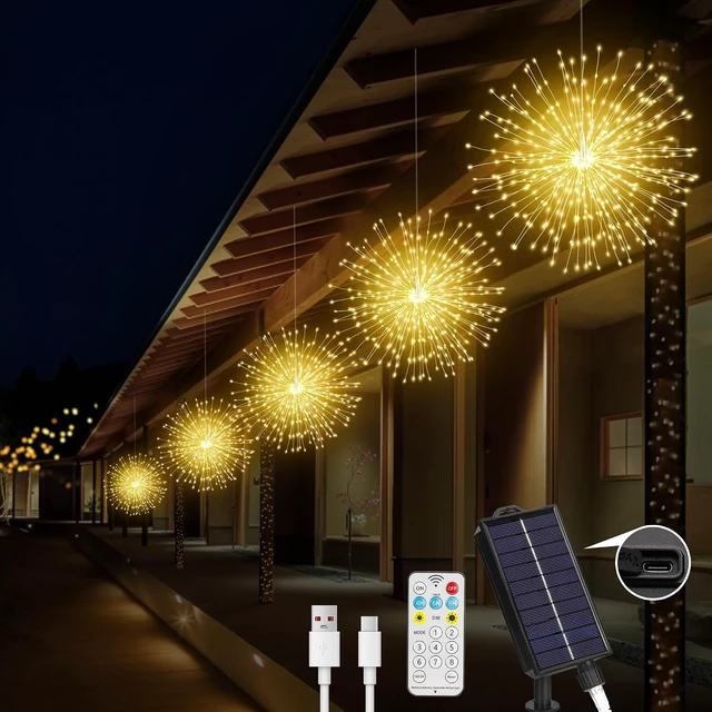 Main image of Solar Christmas Firework Lights Outdoor, 5 Pack 1000LED Solar Starburst Lights with Remote, 8 Modes Dimmable Waterproof Hanging Fairy Lights for Garden, Patio, Holiday Christmas Decor (Warm White)