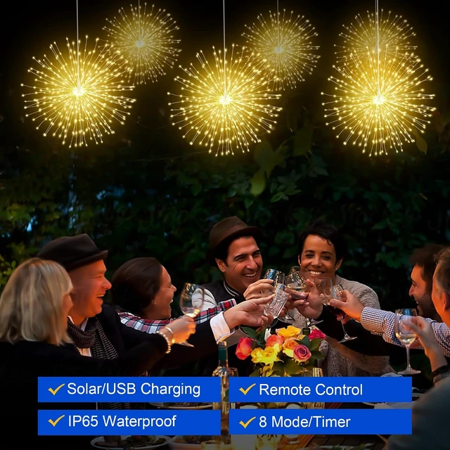 Alt view image 3 of 7 - Solar Christmas Firework Lights Outdoor, 5 Pack 1000LED Solar Starburst Lights with Remote, 8 Modes Dimmable Waterproof Hanging Fairy Lights for Garden, Patio, Holiday Christmas Decor (Warm White)