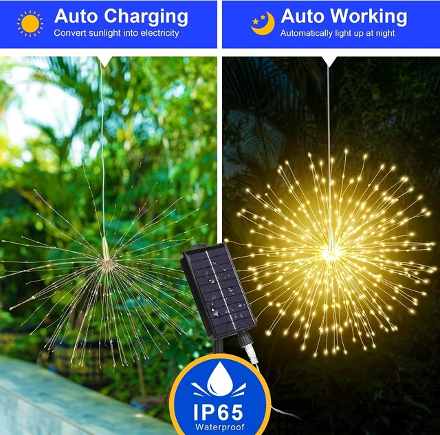 Alt view image 5 of 7 - Solar Christmas Firework Lights Outdoor, 5 Pack 1000LED Solar Starburst Lights with Remote, 8 Modes Dimmable Waterproof Hanging Fairy Lights for Garden, Patio, Holiday Christmas Decor (Warm White)