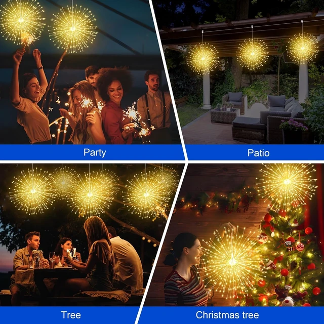 Alt view image 4 of 7 - Solar Christmas Firework Lights Outdoor, 5 Pack 1000LED Solar Starburst Lights with Remote, 8 Modes Dimmable Waterproof Hanging Fairy Lights for Garden, Patio, Holiday Christmas Decor (Warm White)
