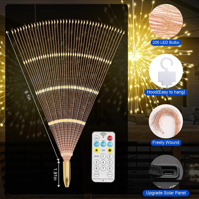 Alt view image 7 of 7 - Solar Christmas Firework Lights Outdoor, 5 Pack 1000LED Solar Starburst Lights with Remote, 8 Modes Dimmable Waterproof Hanging Fairy Lights for Garden, Patio, Holiday Christmas Decor (Warm White)