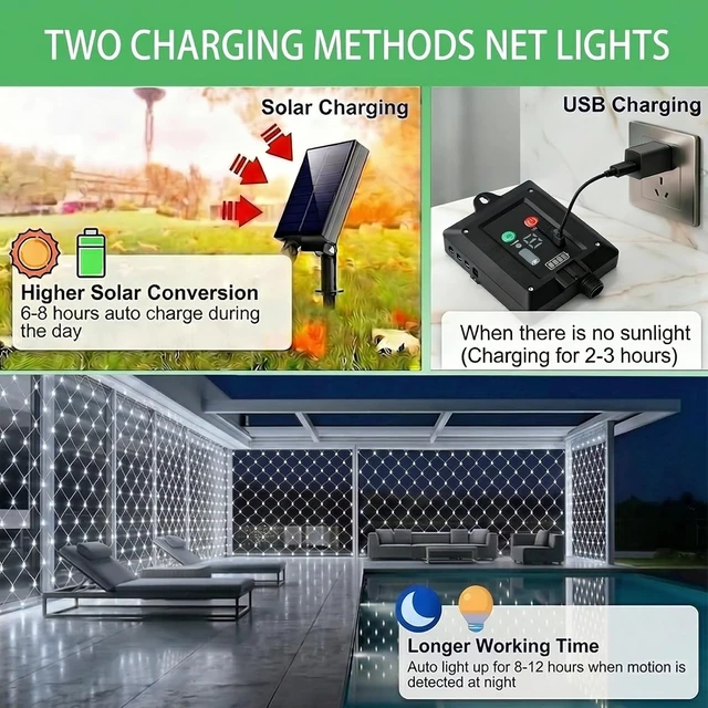 Alt view image 3 of 7 - Pooqla Solar Net Lights, 10x10ft 280LED Gazebo Net Lights Outdoor with 8 Modes, Solar & USB Powered Waterproof String Lights Clear Wire, Chandelier for Pergolas, Patio, Bush, Backyard Decor Cool White